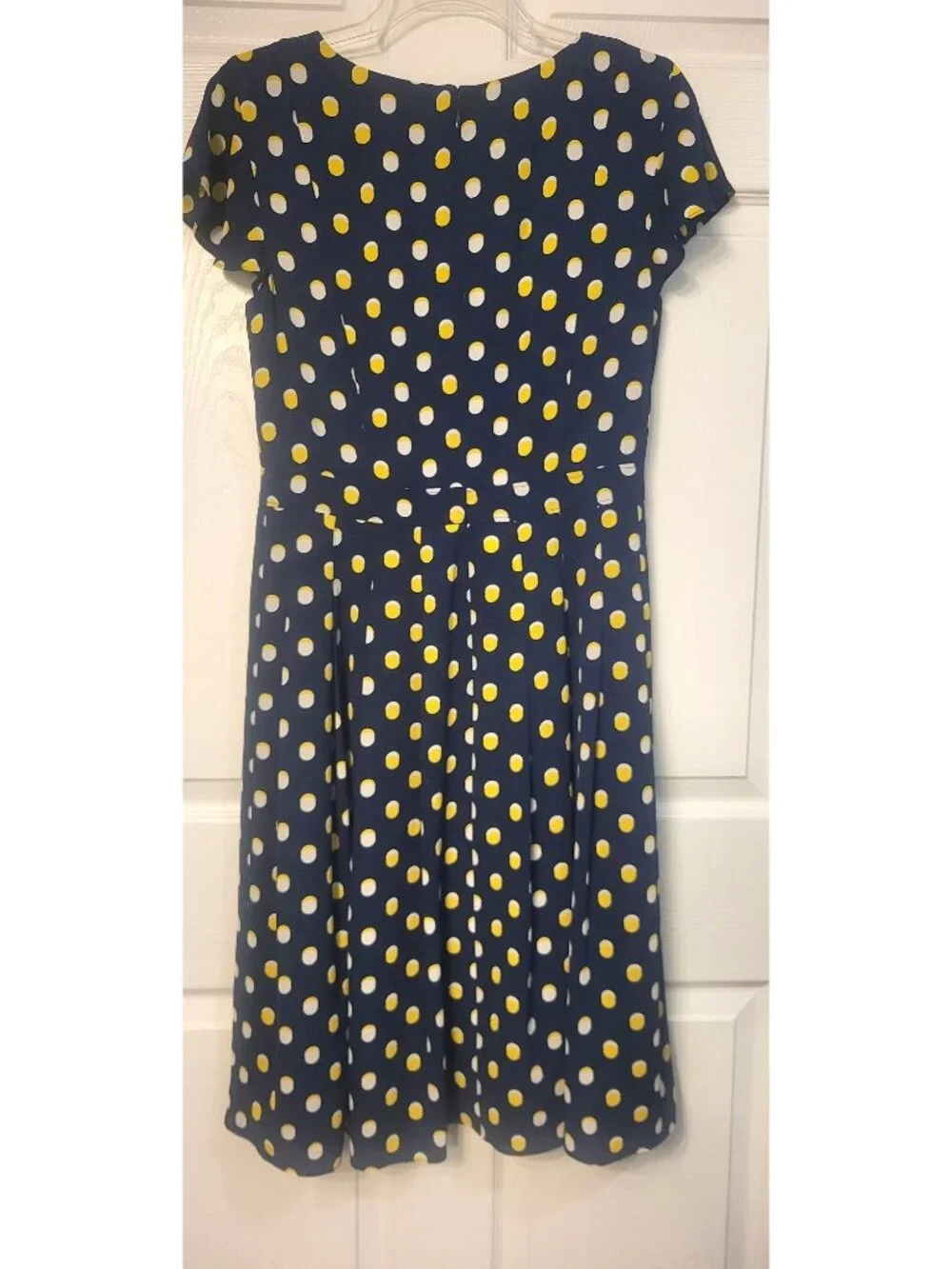 Womens Talbots Navy Blue Yellow/White Polka Dot Midi Dress 4 Pleats Chiffon Zip